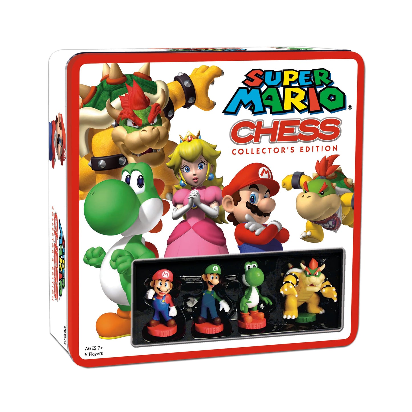 Super Mario Chess Collector's Edition box with character art and four visible chess pieces: Mario (King), Luigi (Queen), Yoshi (Knight), and Bowser