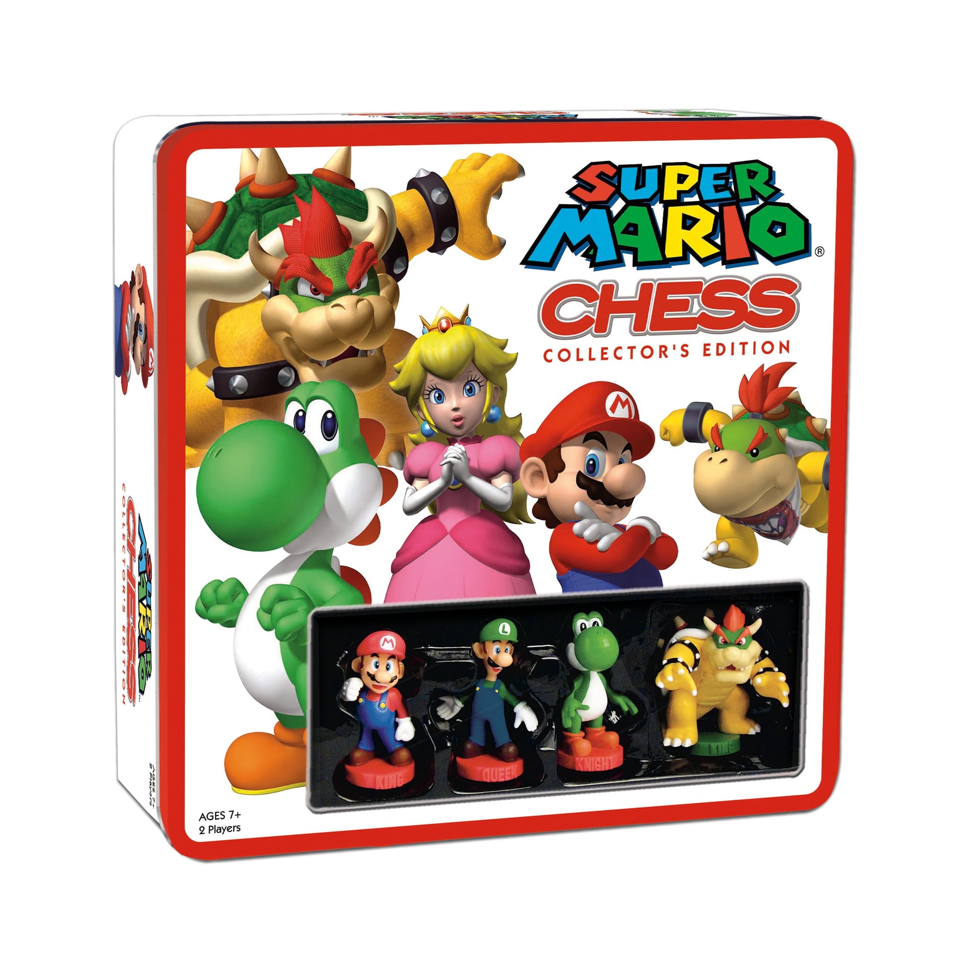 Super Mario Chess Collector's Edition box with character art and four visible chess pieces: Mario (King), Luigi (Queen), Yoshi (Knight), and Bowser