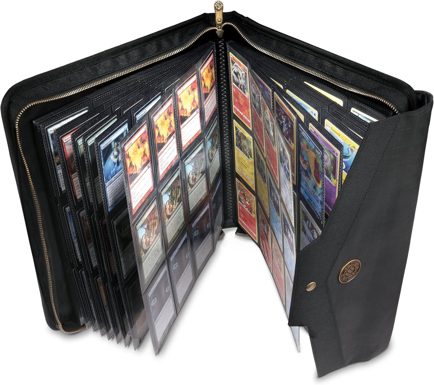 Open black zippered binder displaying numerous trading cards from various games in clear plastic sleeves