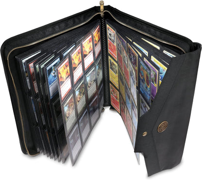 Open black zippered binder displaying numerous trading cards from various games in clear plastic sleeves