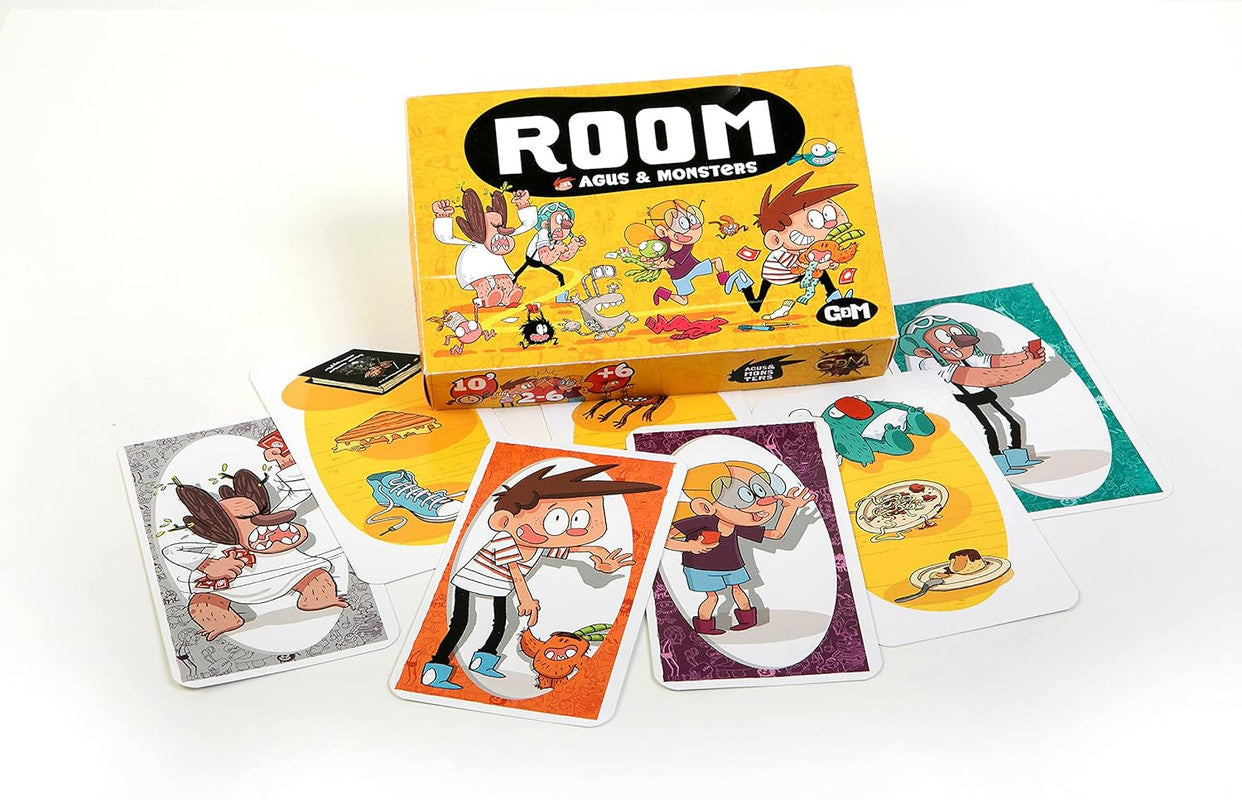 Yellow board game box titled ROOM AGUS MONSTERS surrounded by character and object playing cards