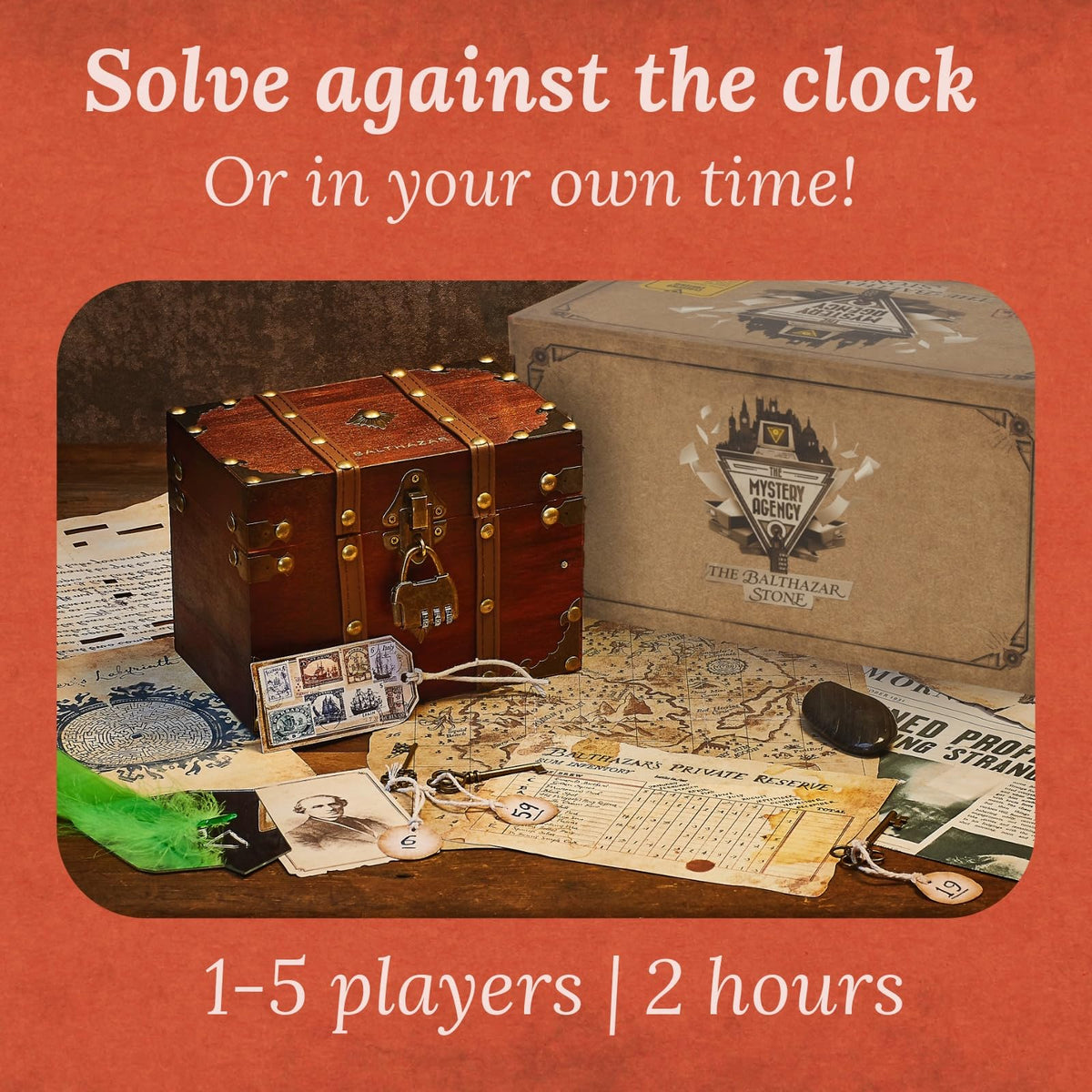 A Mystery Agency game set: a locked wooden chest, maps, keys, and old documents laid out for a mystery-solving experience