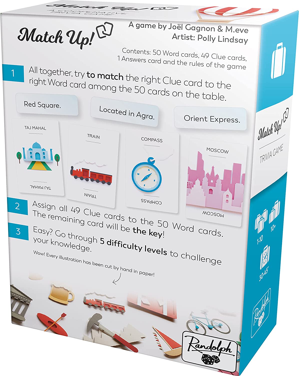 Match Up! trivia game box with example cards showing Taj Mahal, train, compass, and Moscow, plus rules.