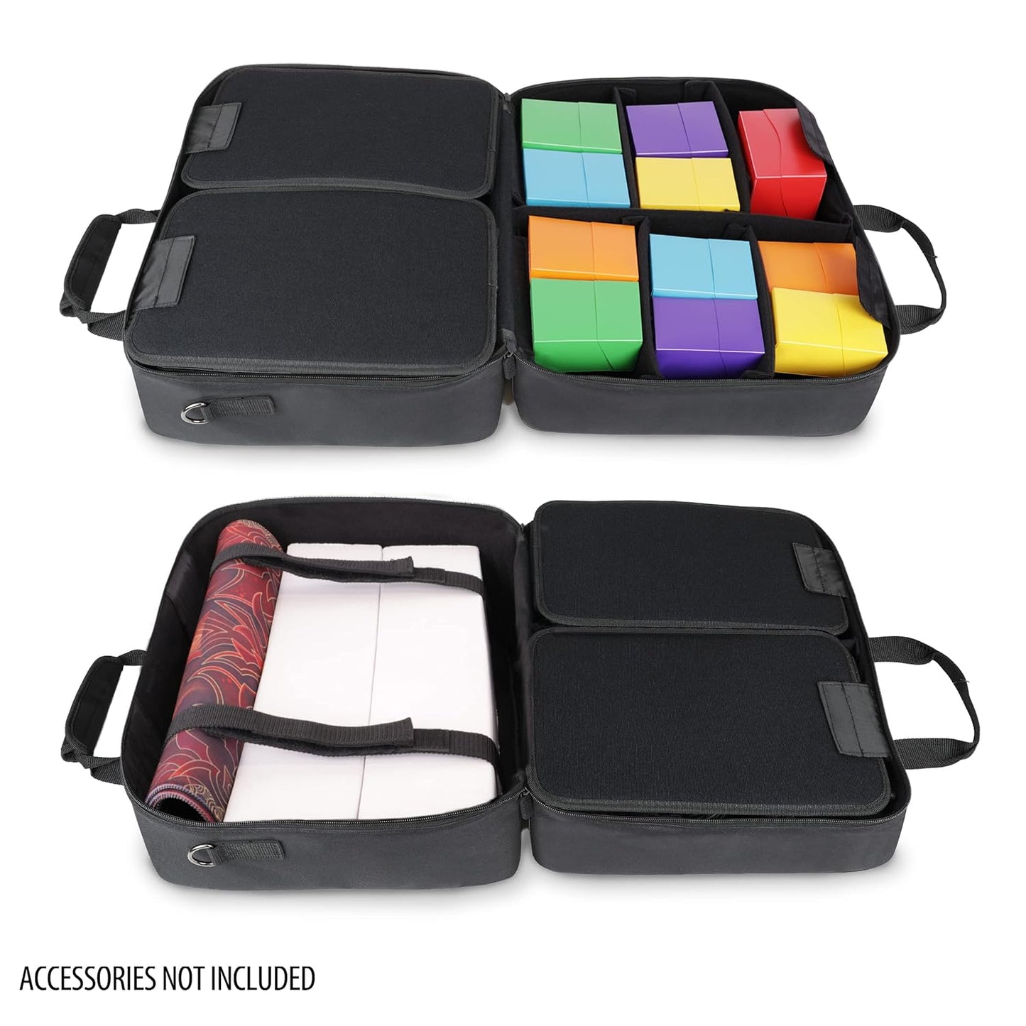 Open black carrying case displays its interior. One view shows colorful card boxes; the other, a rolled mat & flat boards.