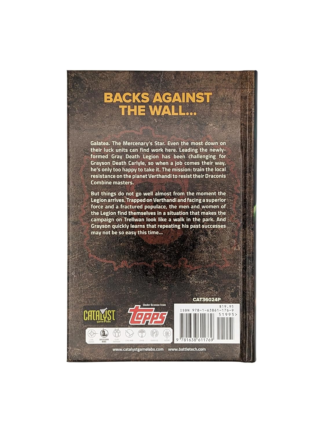 Back cover of a sci-fi book "Backs Against the Wall...", with story blurb, Catalyst/Topps logos, ISBN, and barcode
