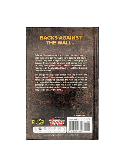 Back cover of a sci-fi book "Backs Against the Wall...", with story blurb, Catalyst/Topps logos, ISBN, and barcode