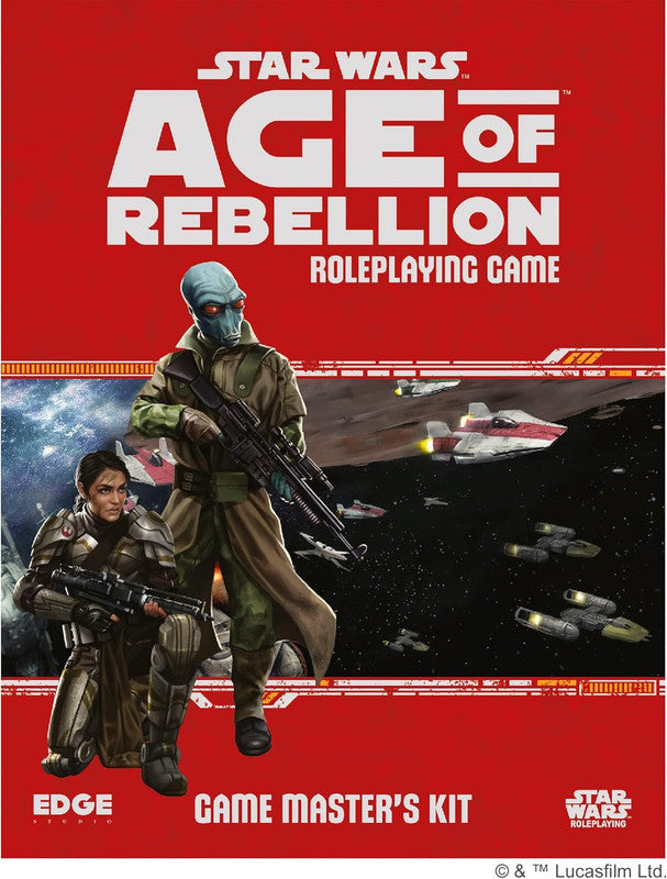 Cover for Star Wars Age of Rebellion Game Master&#39;s Kit, An alien and a human Rebel hold rifles, with spaceships in space