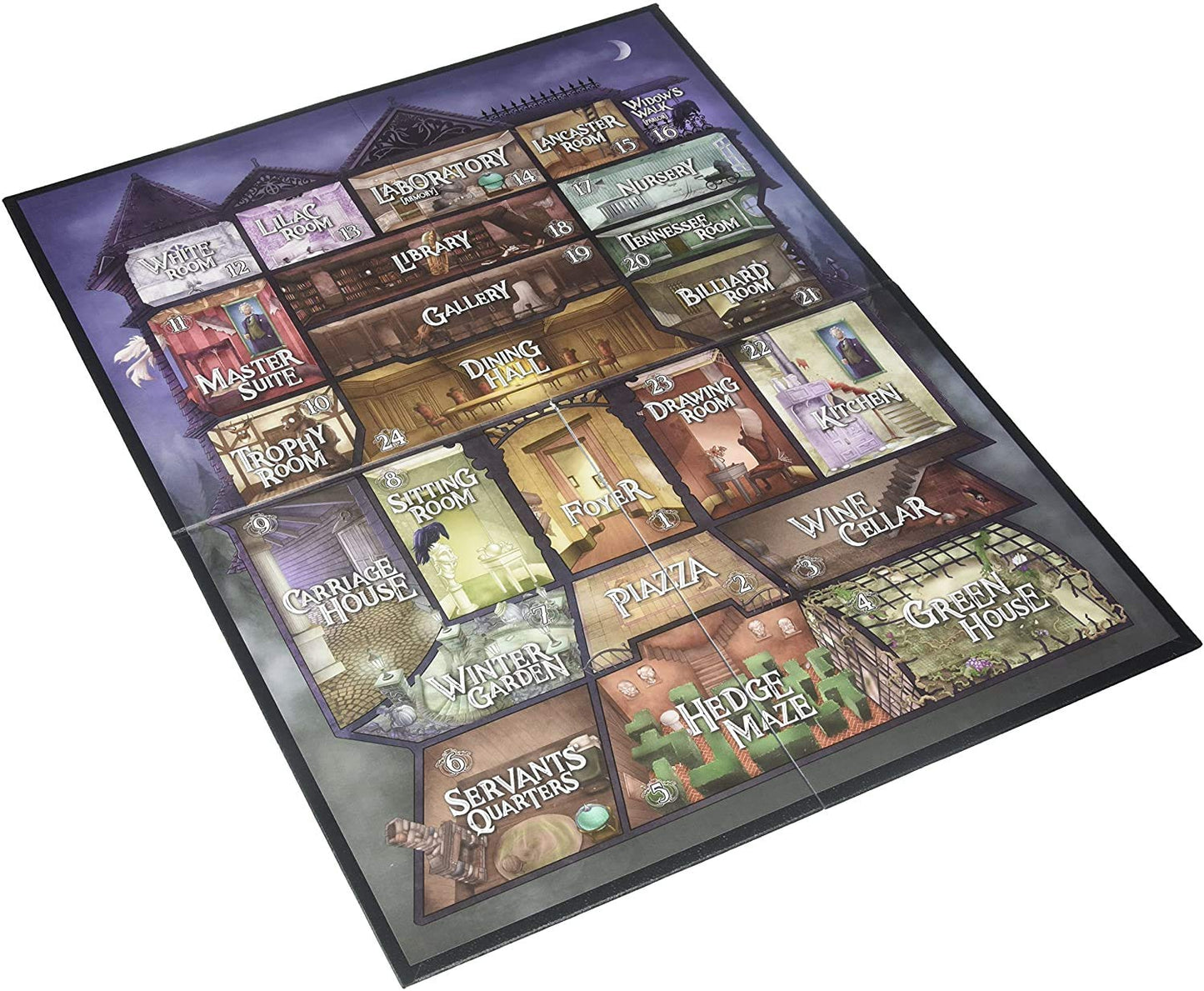 A detailed board game map of a multi-level mansion layout, featuring many numbered rooms and outdoor areas