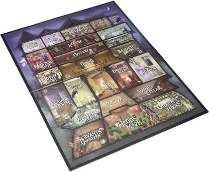 A detailed board game map of a multi-level mansion layout, featuring many numbered rooms and outdoor areas