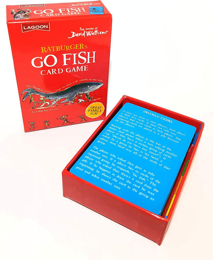 A red box for "Ratburger's Go Fish Card Game" by David Walliams, open to show blue instruction cards