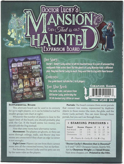 Box cover for "Doctor Lucky's Mansion That Is Haunted" expansion board game. A chained ghost and a seated woman flank the title
