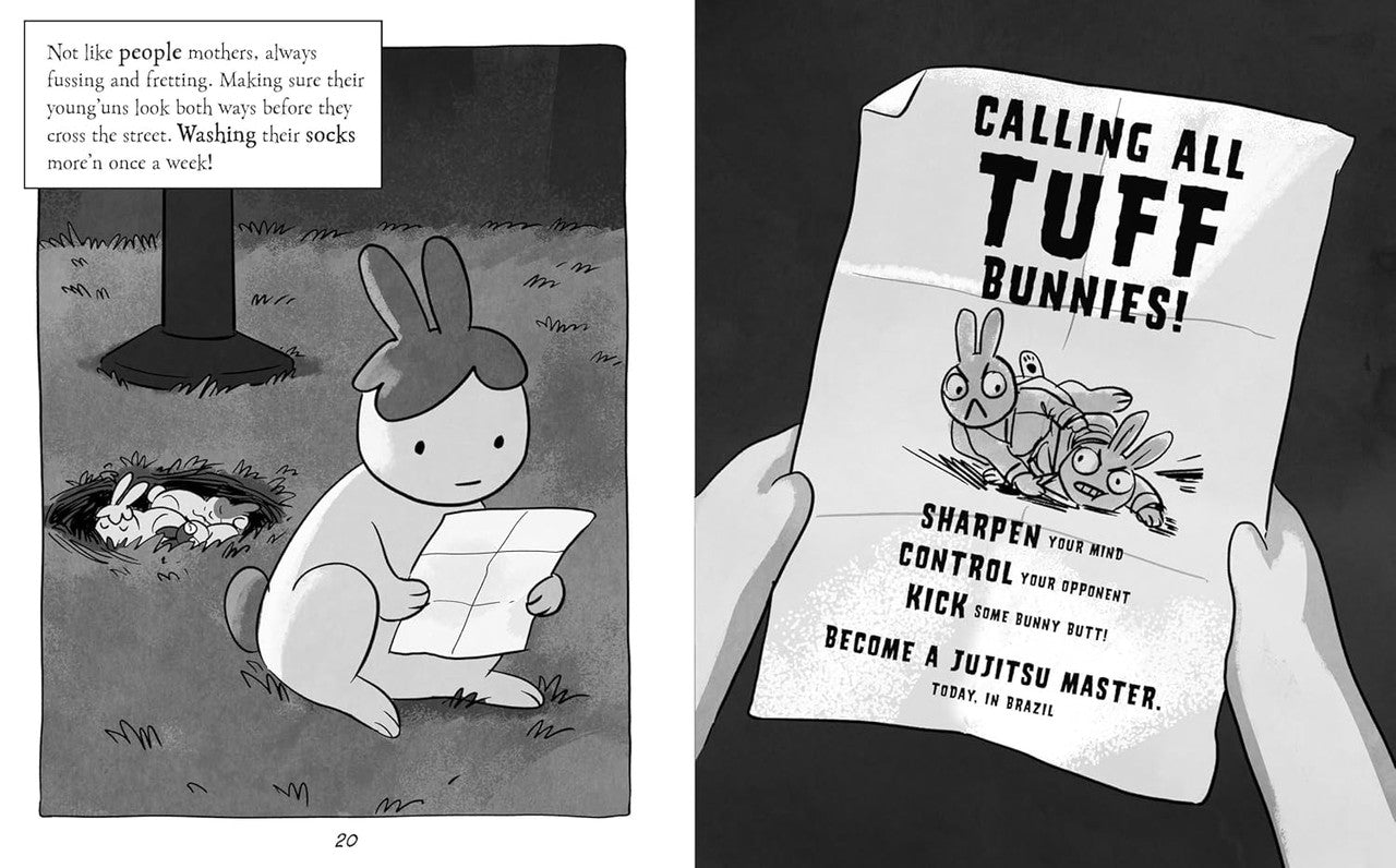 A bunny reads a poster advertising "Tuff Bunnies" Jujitsu, featuring two fighting bunnies, two smaller bunnies are in a hole nearby