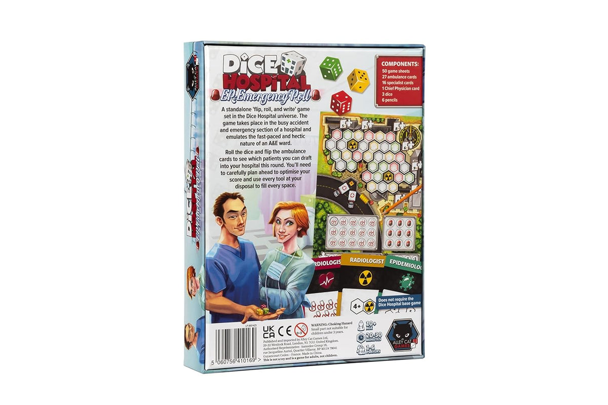 Game box featuring two cartoon doctors and game components including dice cards and game board layout