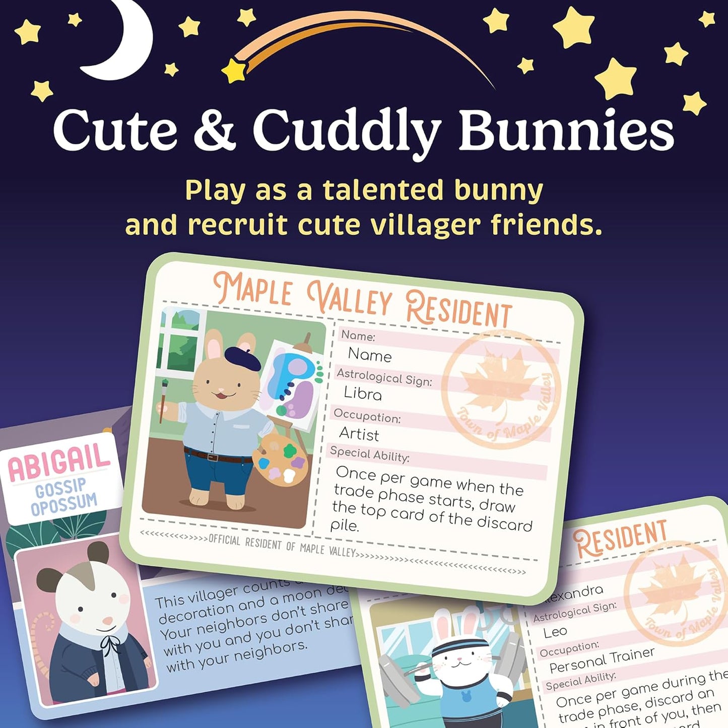Bunny Party at Maple Valley Game title screen for showing character cards. A bunny artist painting is featured, with recruitment text