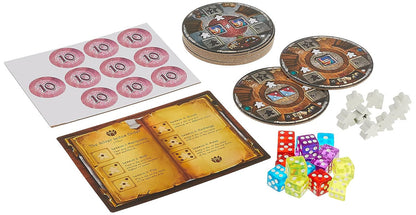 Board game components including a stack of circular player boards a sheet of circular tokens with the number 10 a rulebook open to a page titled The Silver Lotus Order clear multi-colored dice and several white wooden meeples