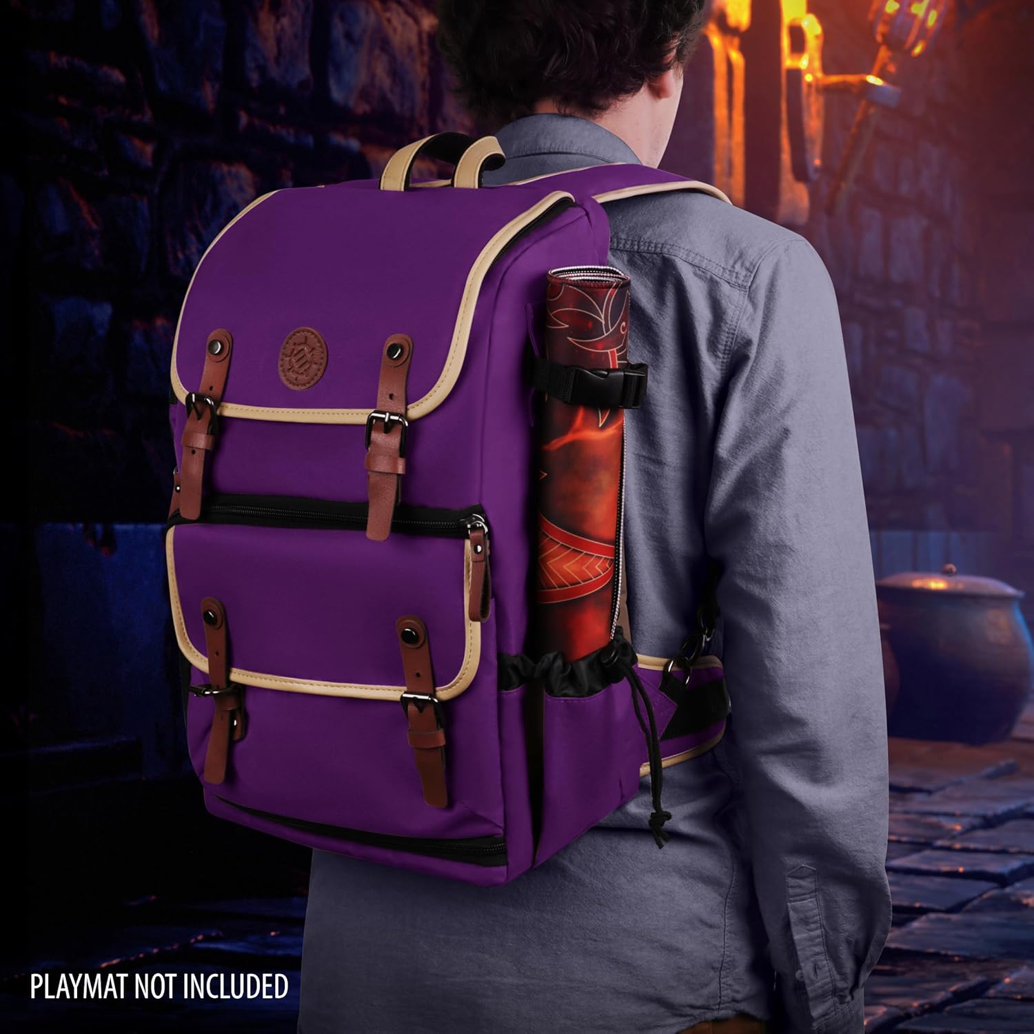 A person viewed from behind wears a purple backpack with a red rolled playmat attached, in a dark, fantasy alley.