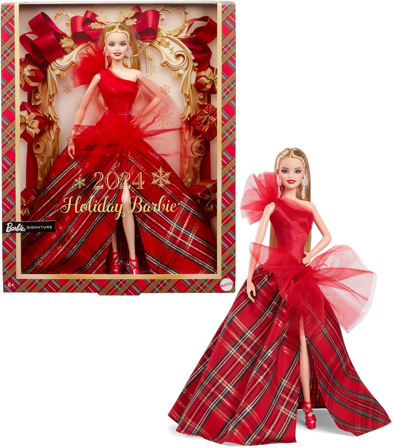 Blonde 2024 Holiday Barbie doll in a red one-shoulder plaid gown with tulle details -  displayed both in box and standing