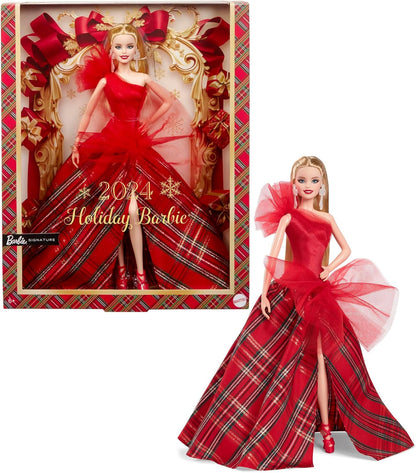 Blonde 2024 Holiday Barbie doll in a red one-shoulder plaid gown with tulle details -  displayed both in box and standing