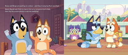 Bluey and Bingo characters. Left: Playing roles indoors, looking surprised. Right: A puzzle of them traveling to Italy