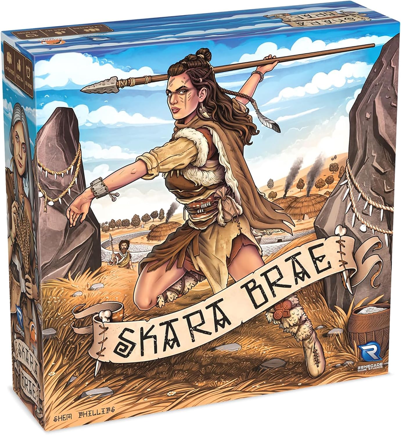 Skara Brae board game box art featuring a fierce prehistoric woman poised to throw a spear