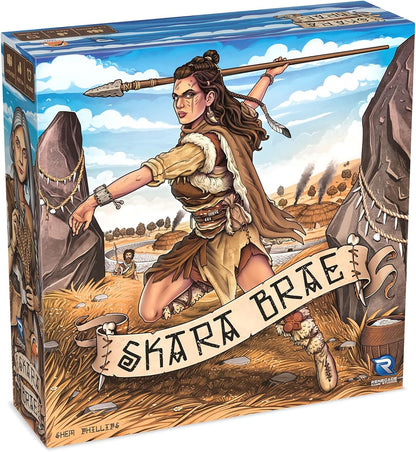 Skara Brae board game box art featuring a fierce prehistoric woman poised to throw a spear