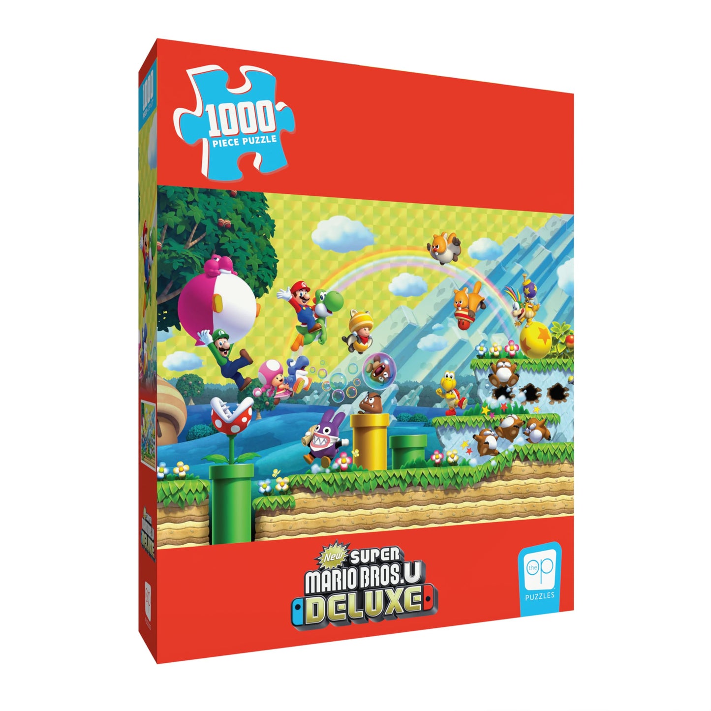A red 1000-piece Super Mario Bros. U Deluxe puzzle box with Mario and friends adventuring in a colorful game level