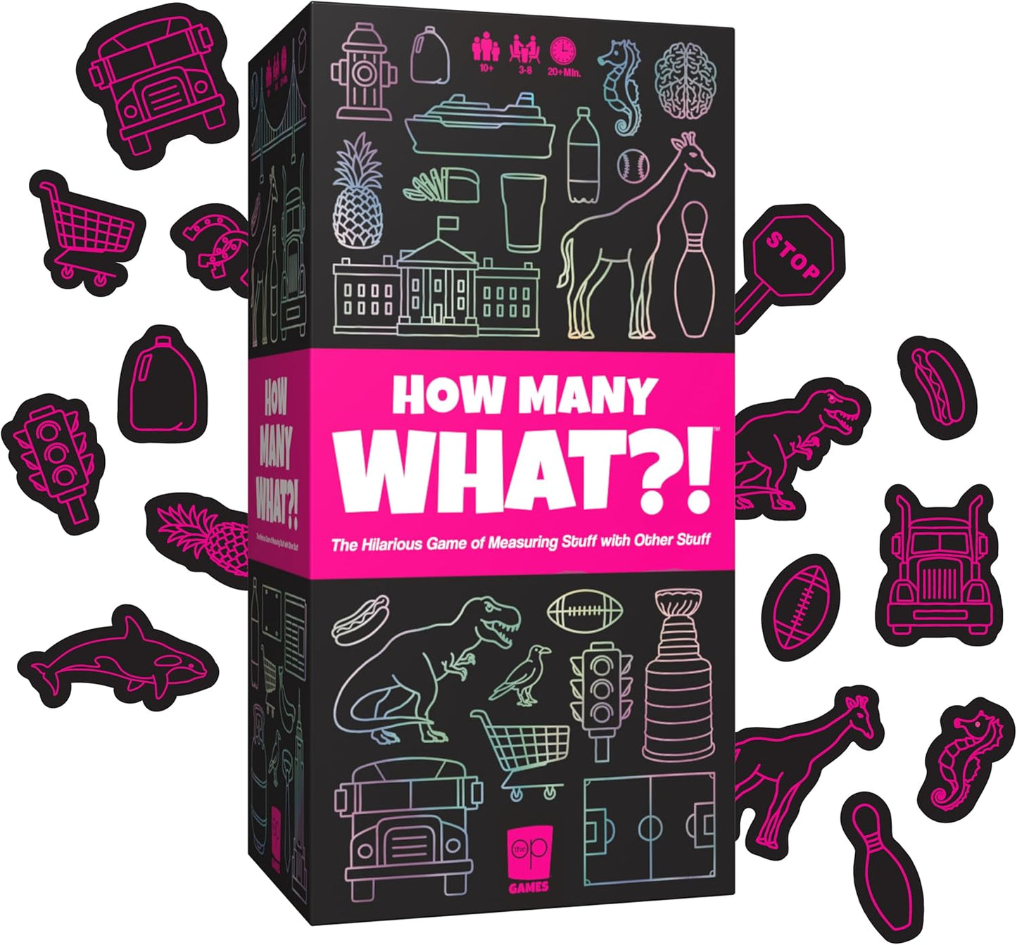 How Many What?! board game box, black with neon pink title, surrounded by various outlined die-cut measuring tokens