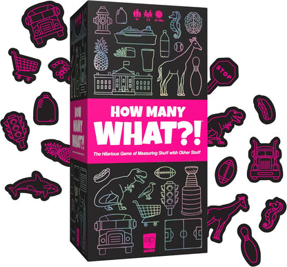How Many What?! board game box, black with neon pink title, surrounded by various outlined die-cut measuring tokens