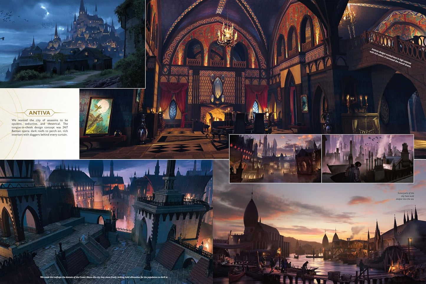 Concept art collage for the city of Antiva, showing dark architecture, canals, and a lavish interior