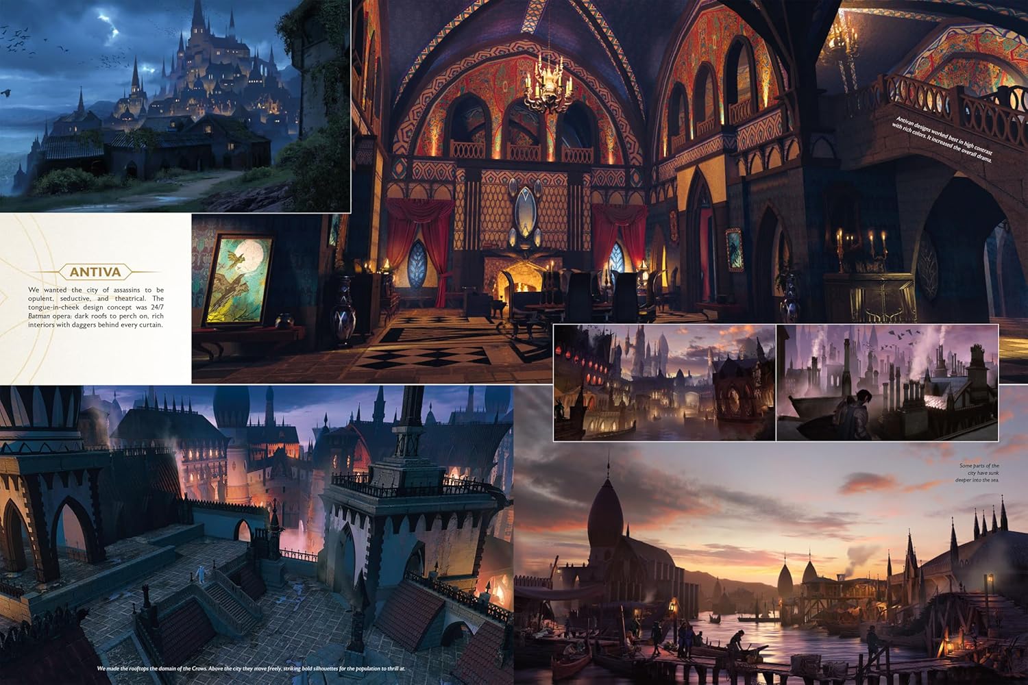 Concept art collage for the city of Antiva, showing dark architecture, canals, and a lavish interior
