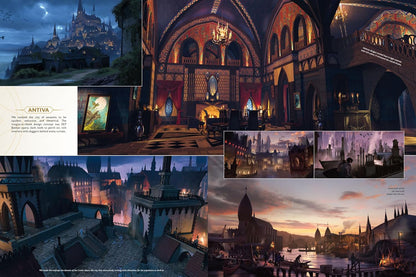 Concept art collage for the city of Antiva, showing dark architecture, canals, and a lavish interior