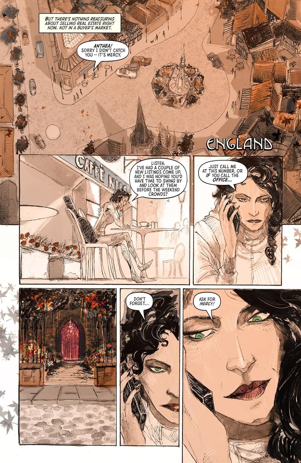 A comic page shows a woman with dark hair and green eyes talking on the phone -  depicted in a cafe and close-ups