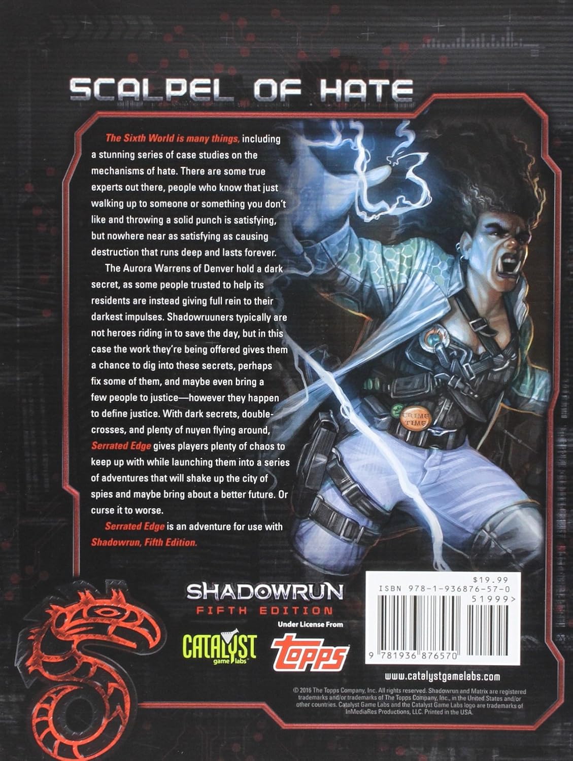 Shadowrun: Scalpel of Hate book cover. Fierce tusker character unleashes blue lightning from her hand.