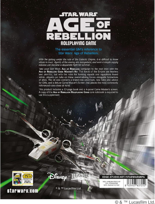 Back of cover Star Wars Age of Rebellion RPG: An X-wing fighter flies through a trench, pursued by TIE fighters and green laser fire