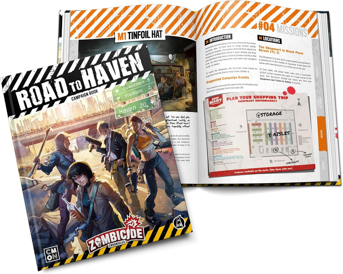 Zombicide: Road to Haven campaign book featuring armed survivors and an open rulebook showing missions and a supermarket map