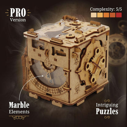 A wooden mechanical puzzle box, Pro Version, with visible gears and marble elements