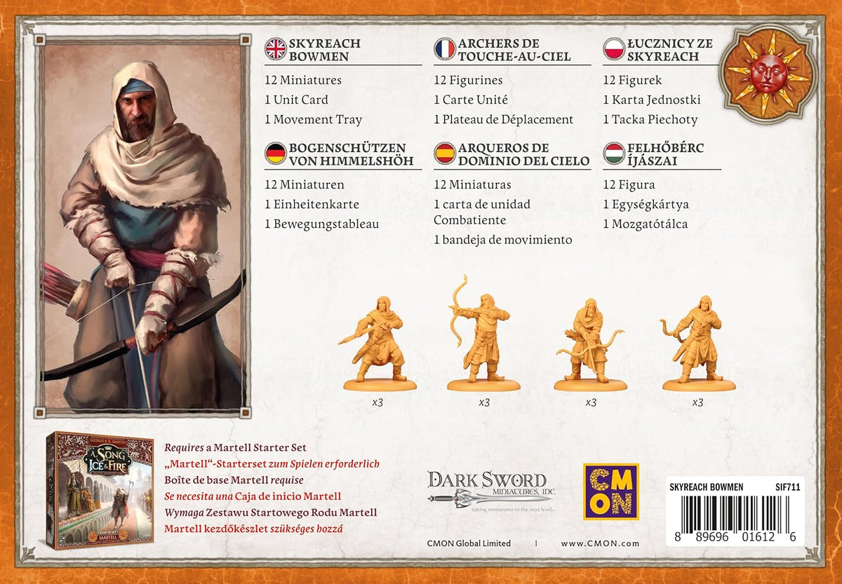 A cloaked archer holds a bow on a game expansion box. Below are unpainted miniature figures of archers