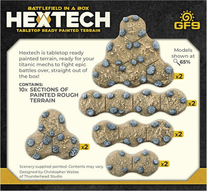 Hextech painted, modular tabletop terrain: rough, rocky hex sections for epic battles.