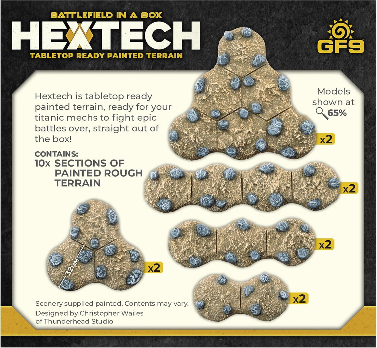 Hextech painted, modular tabletop terrain: rough, rocky hex sections for epic battles.