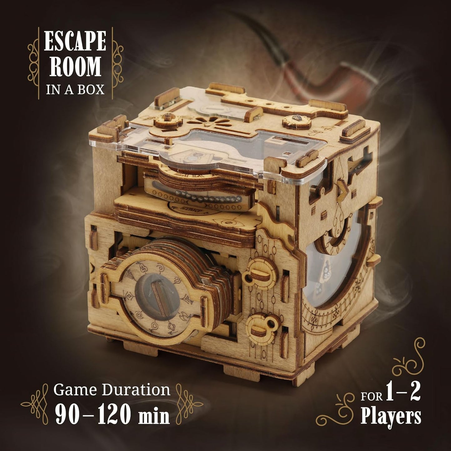 Intricate wooden mechanical puzzle box with gears and dials, representing an "Escape Room in a Box"