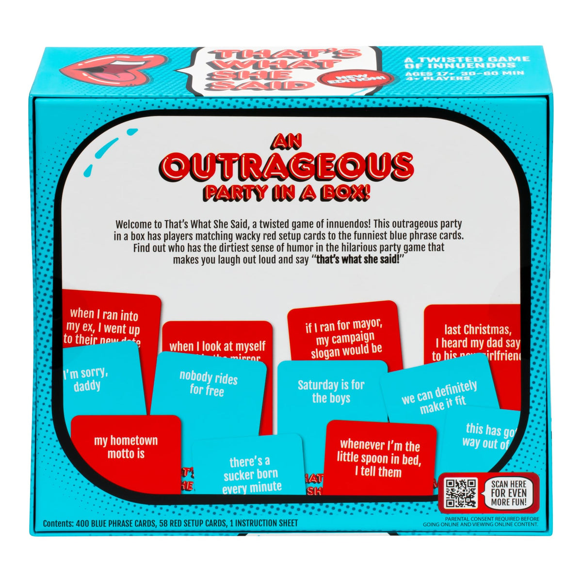 Rear of &quot;That&#39;s What She Said&quot; adult party game box, with red setup and blue phrase cards visible