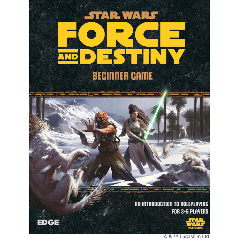 Star Wars Force and Destiny Beginner Game cover: A lightsaber-wielding hero and an alien blaster-user fight snow creatures