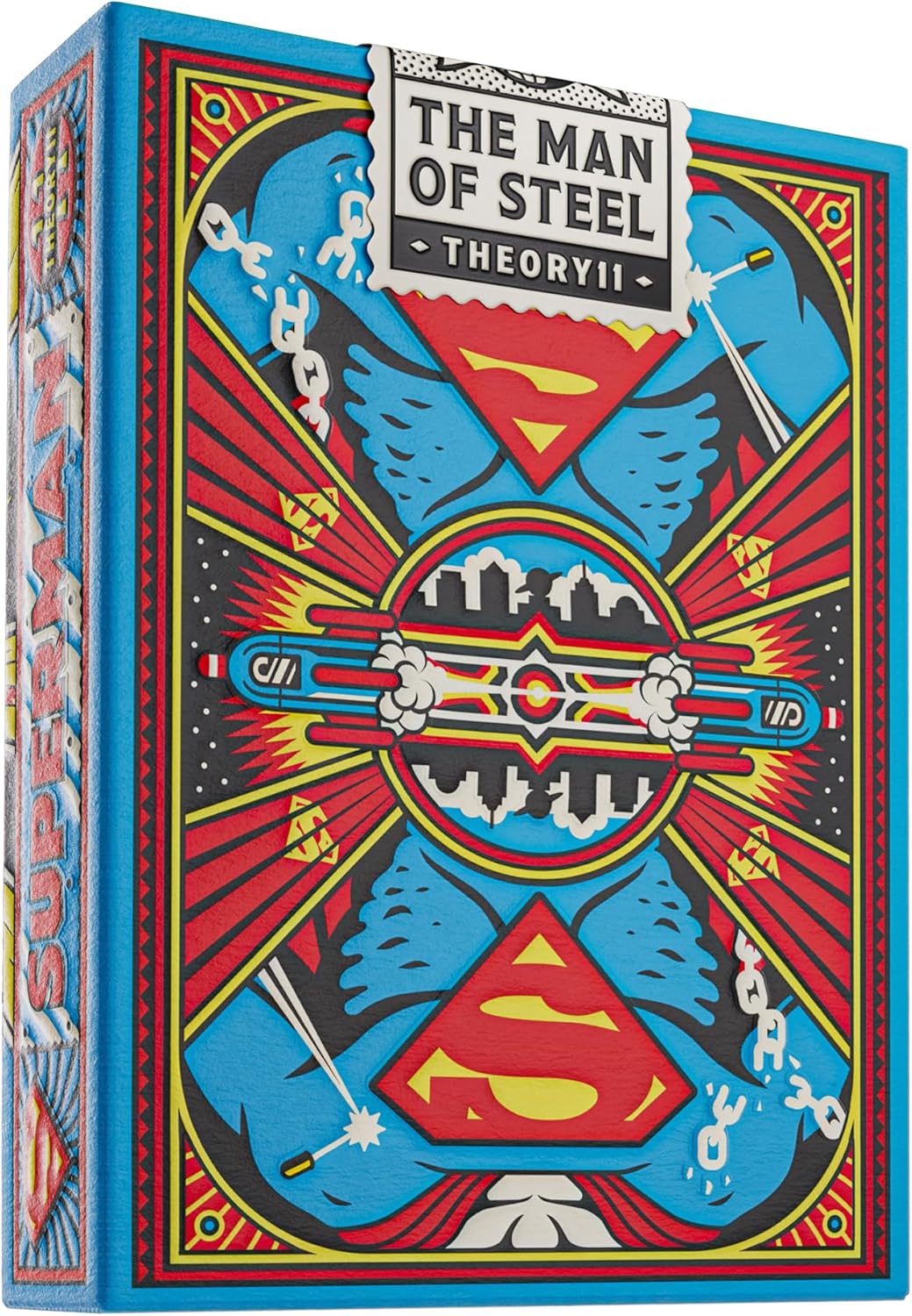 Embossed Theory11 "The Man of Steel" playing card tuck case with dynamic pop art Superman design