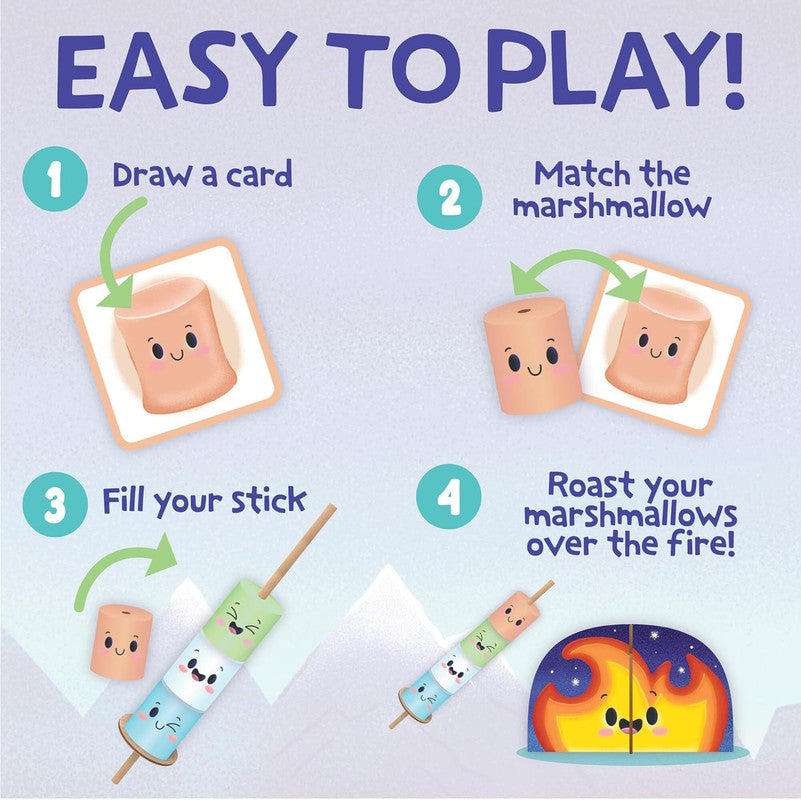 Peaceable Kingdom The Happy Marshmallow Game how-to instructions on a soft blue and white background