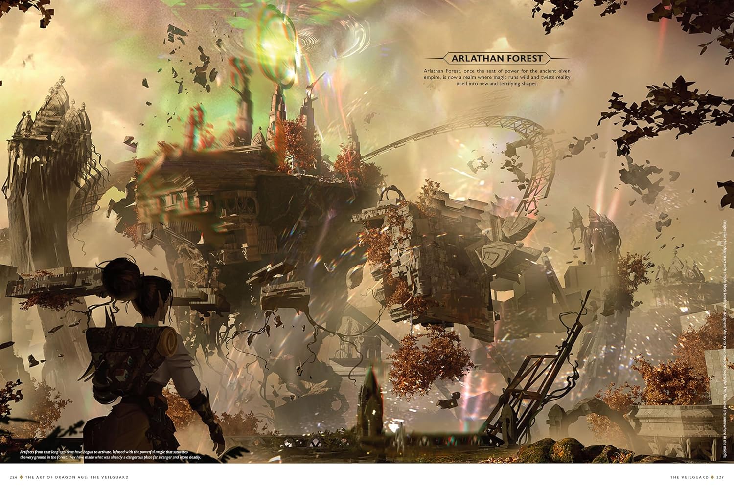 Concept art: A character observes ancient, floating Arlathan ruins warped by intense, glowing magic and debris