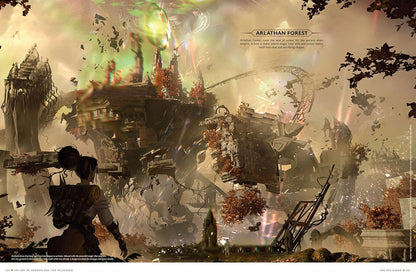 Concept art: A character observes ancient, floating Arlathan ruins warped by intense, glowing magic and debris