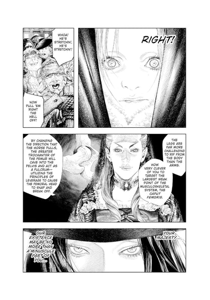 Manga page: Men graphically dismember a body using leverage -  observed by a wide-eyed figure and a calm -  analytical woman