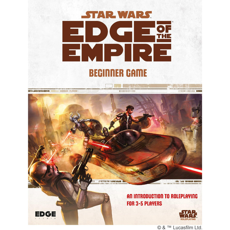 Star Wars Edge of the Empire Beginner Game cover: Scoundrels on a speeder battle stormtroopers with blasters &amp; lightsabers