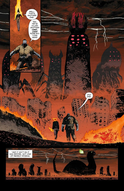 Two figures walk through a burning -  post-apocalyptic city -  surrounded by looming colossal dark monsters and a creature emerging from water