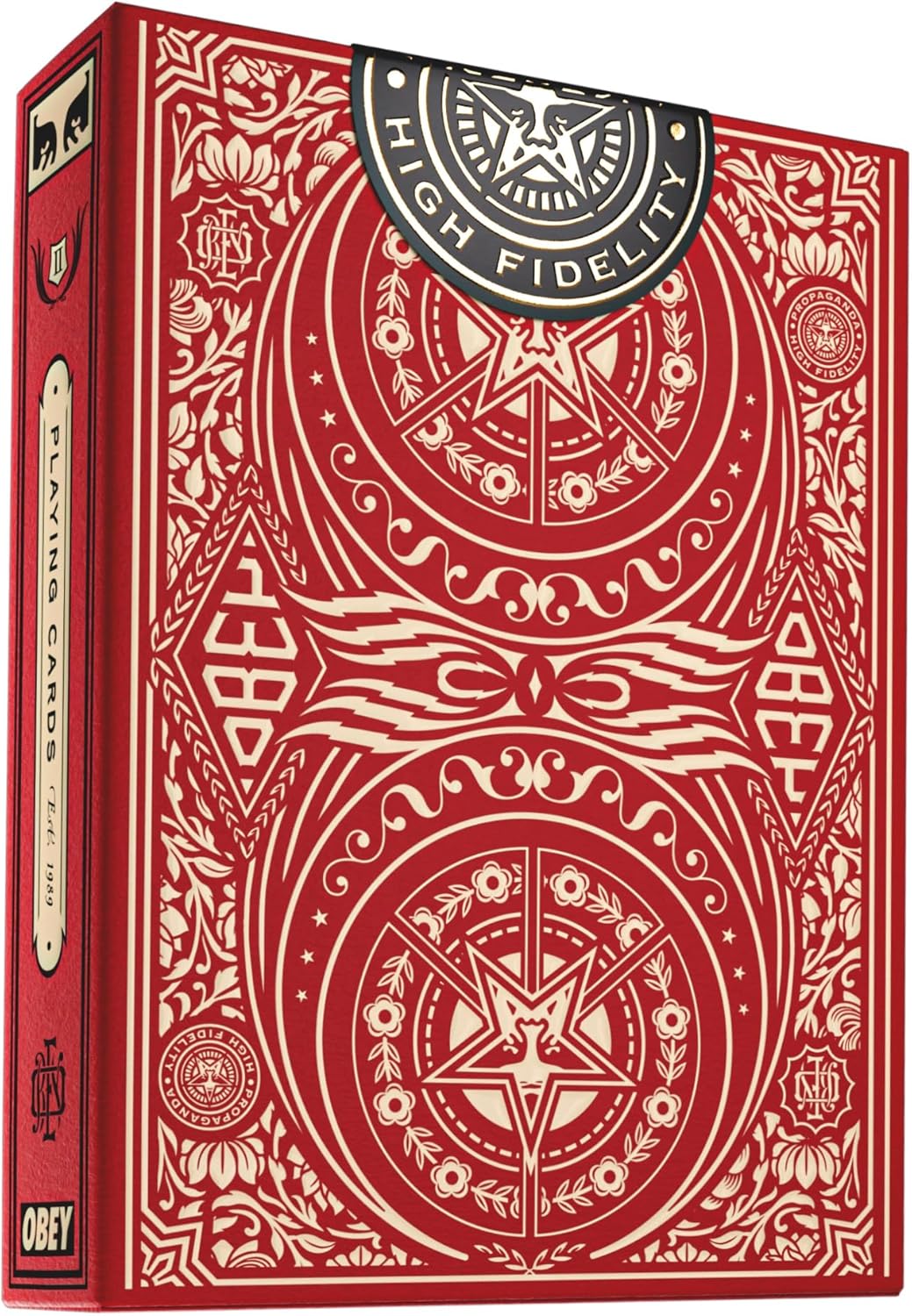 Red playing card deck box with elaborate cream artwork, centered geometric pattern and "High Fidelity" seal